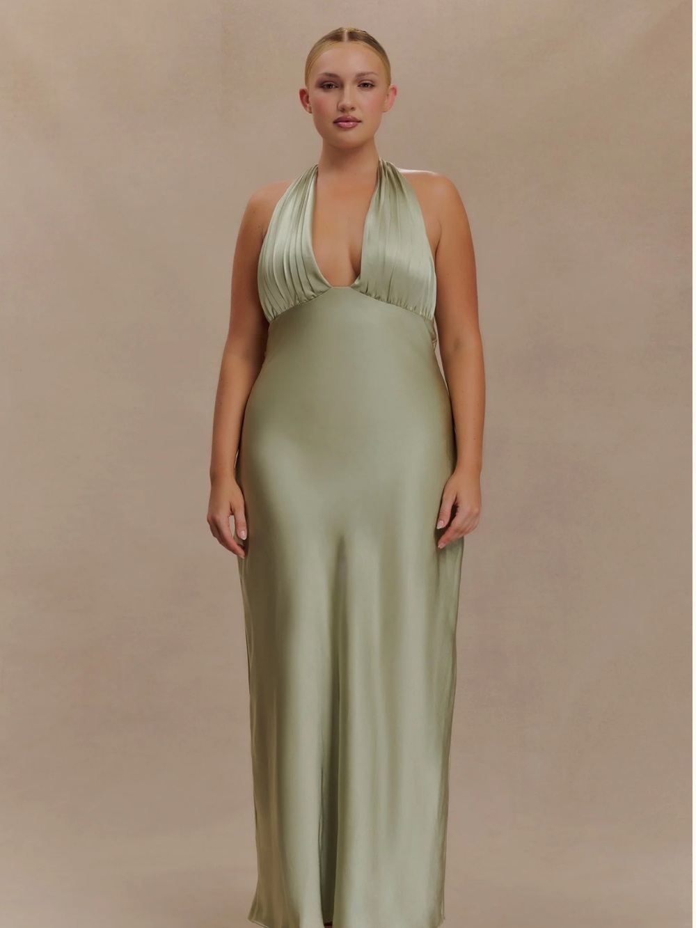 Meshki Olive Satin Halter Backless Gown - Picture 4 of 4